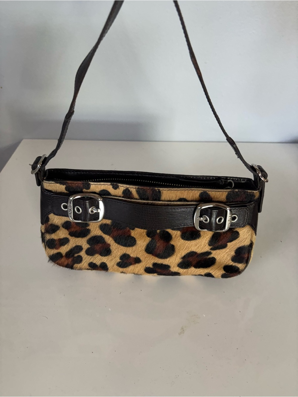 Dkny Leopard Print Shoulder Bag with Dark Brown Trim